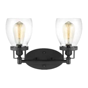 Belton 15 in. 2-Light Midnight Matte Black Bathroom Vanity Light Clear Seeded Glass Shades