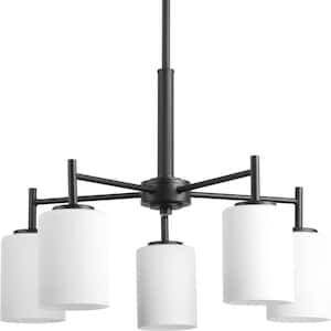 Replay Collection 21 in. 5-Light Textured Black Modern Chandelier Light with Etched White Glass for Dining Rooms