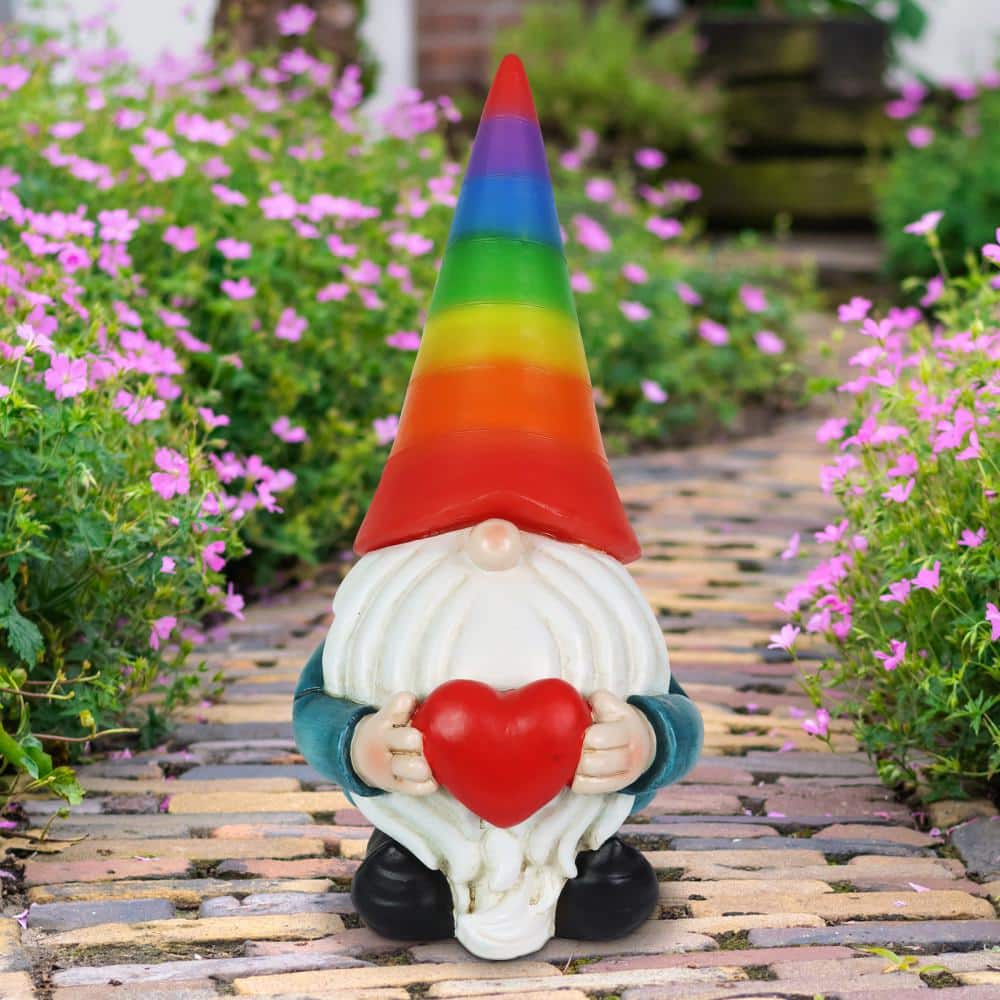 Solar Rainbow Hat Garden Gnome with Heart, 6 x 12.5 Inches
