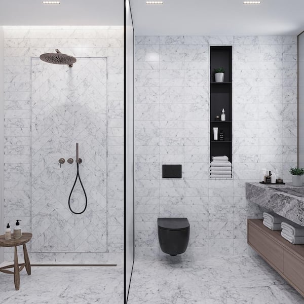 Gray and White 4 in. x 12 in. Polished Marble Subway Floor and Wall Tile (5 sq. ft./Case)