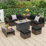 9-Piece PE Wicker Patio Conversation Set with Fire Pit Table Black Cushions Outdoor Space-Saving Sectional Sofa Set