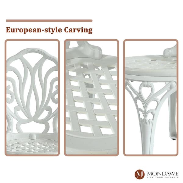 2-Piece European Carving Cast Aluminum Outdoor Armless Bistro Chair in White