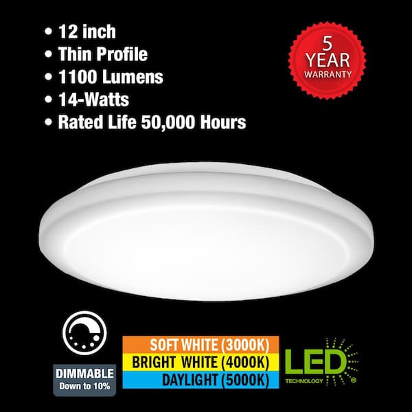 12 in. Low Profile LED Flush Mount Round Closet Light Fixture 1100 Lumens 3000K 4000K 5000K Dimmable Hallway Stairwell