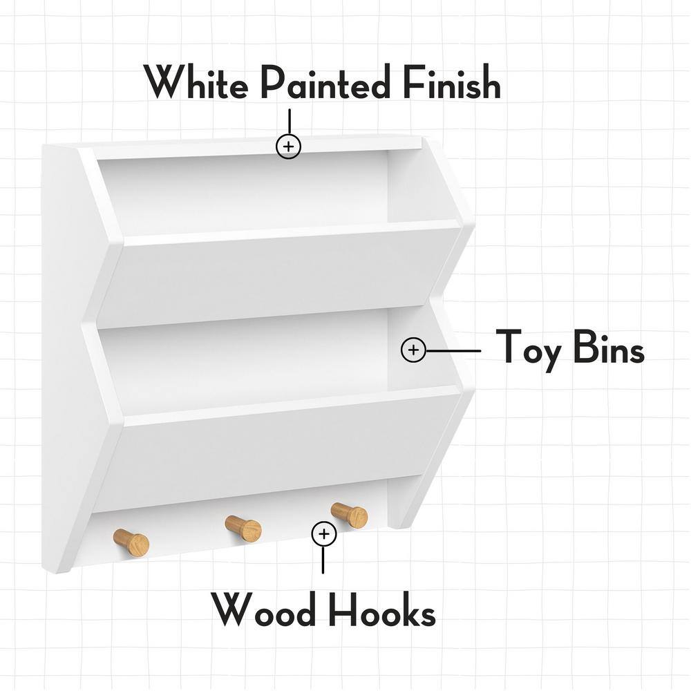 White MDF Floating Wall Shelf with Wooden Hooks