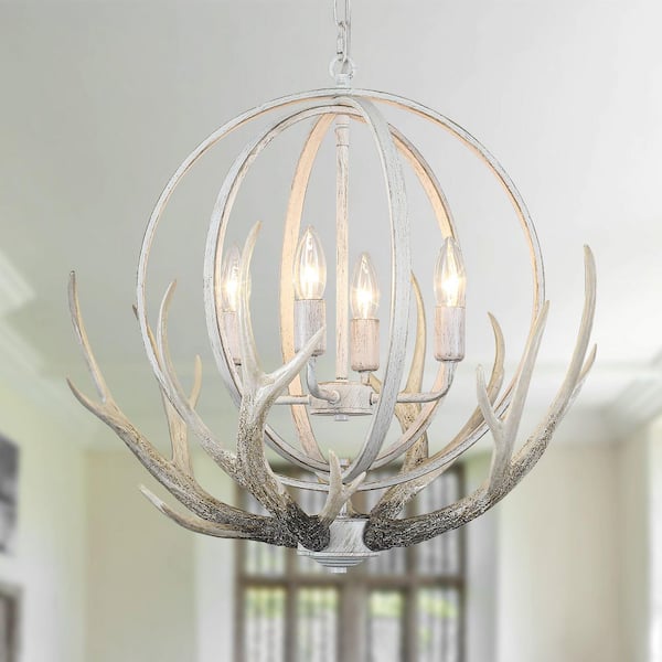 4-Light Beige Gray Antique Textured Vintage Globe Candle Style Pendant Light with 4 Resin Deer for Living Room