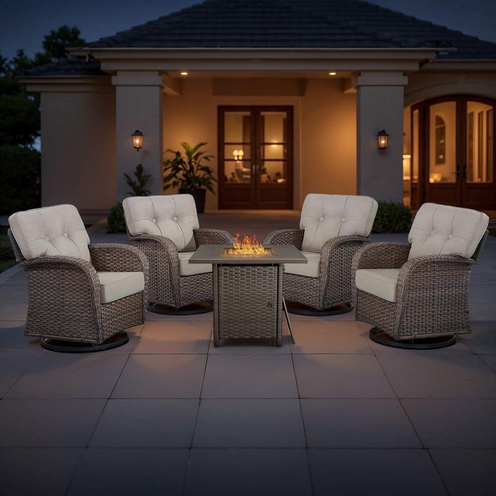 Building Pit Set Opohoro TWrap Brown 5-Piece Wicker Patio Fire Pit Set, 4-Person Seating ...