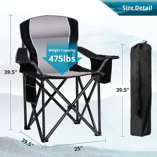 25 in. Foldable Black Camping Lawn Chair with Heavy-Duty Metal Frame and Cup Holder