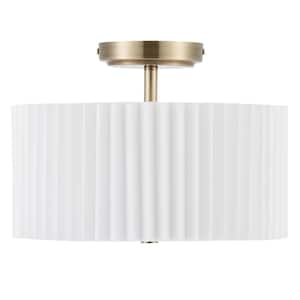 13 in. 2-Light Gold Semi Flush Mount with Pleated Drum Shade