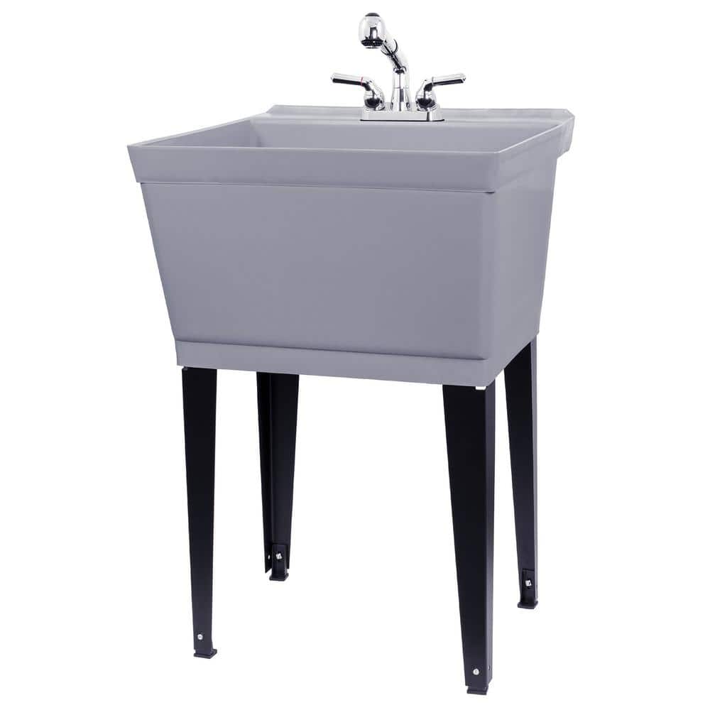 Gray Freestanding Utility Sink with Chrome Faucet and Metal Legs