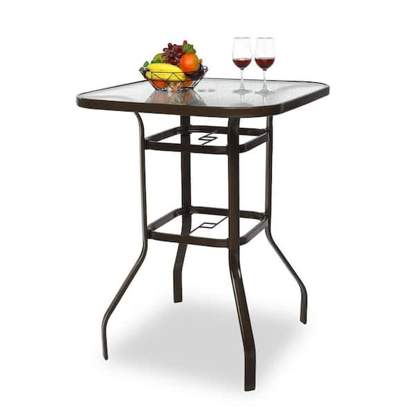 Unbranded 31.5 in. Glass top Metal Pub Height Bistro Square Outdoor Table Outdoor Bar Table with Umbrella Hole Bar Height Table