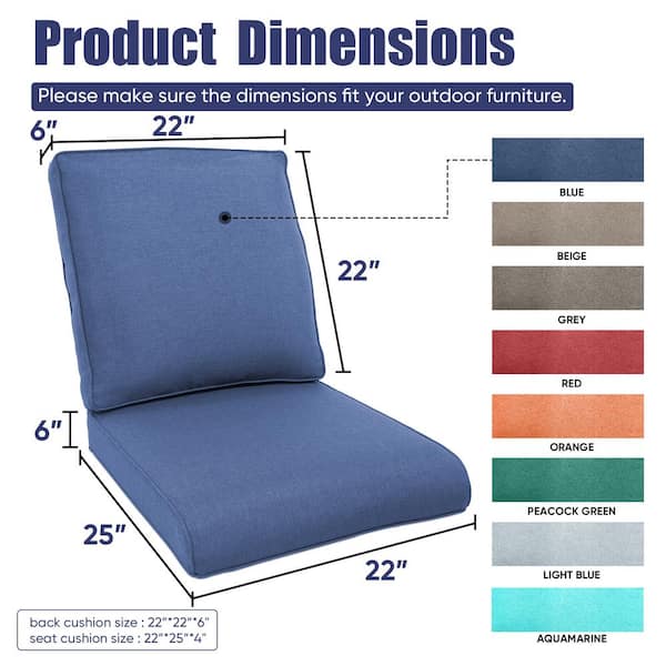 No Buttons 22 x 24 CushionGuard Outdoor Lounge Chair Deep Seat Replacement Cushion Set in Blue