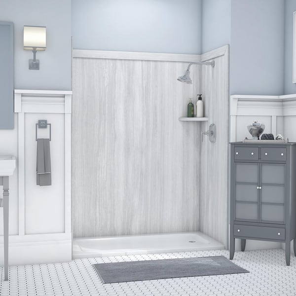 FlexStone Royale 36 in. x 60 in. x 80 in. 11-Piece Easy Up Adhesive Alcove Bathtub/Shower Wall Surround in Silver Strata