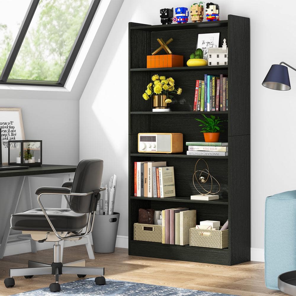 Standard Bookcases BYBLIGHT Eulas 72 in.Tall Black Wood 5-Shelf Standard Bookcase and ...
