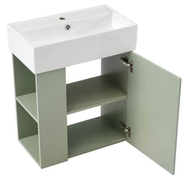 21.6 in. W x 12.2 in. D x 26.4 in. H Single Sink Floating Green Bath Vanity with White Ceramic Top and Left Side Storage