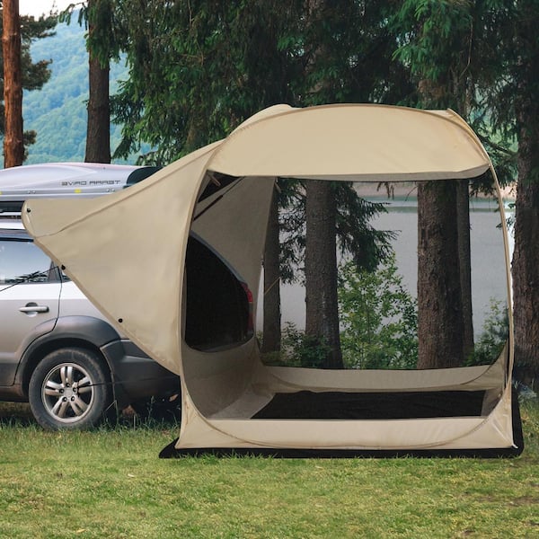 84 in. x 84 in. x 86 in. Beige Instant Pop Up Truck Tent, Mesh Walls, Camping Outdoor Travel Screen House Attachment