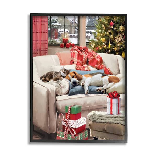 Stupell Industries Pets on Holiday Couch by Jason Kirk 1 Piece Framed Graphic Print Animal Poster Art Print 20 in. x 16 in.