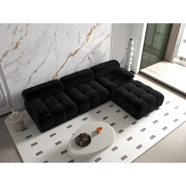 103.95 in. W Square Arm Velvet L Shaped Modular Free Combination Sofa with Ottoman in Black