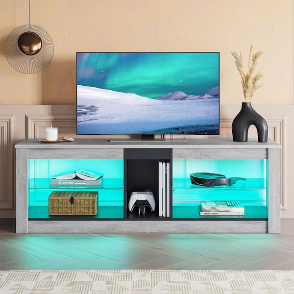 Bestier 55 in. Light Grey TV Stand with LED Lights Entertainment Center with Glass Shelves