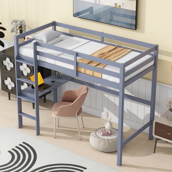 Harper & Bright Designs Gray Twin Size Wooden Loft Bed with Built-in Desk