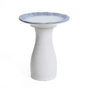 20 in. Blue Rim Feather-Pattern White Ribbed Ceramic Birdbath