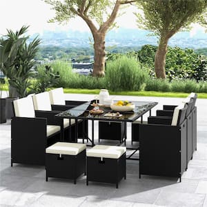 11-Piece Metal Rectangle 30 in. Outdoor Dining Set with Cushion Guard White