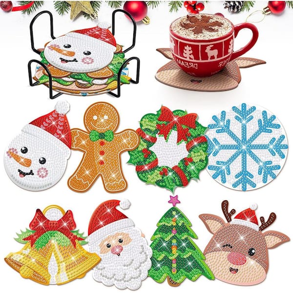 8-Piece Mixed Color Christmas DIY Coasters Kit with Holder, Tree and Diamond Art Crafts for Beginners, Adults and Kids
