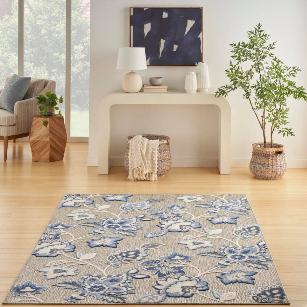 Blue Floral Synthetic 9' x 12' Washable Area Rug