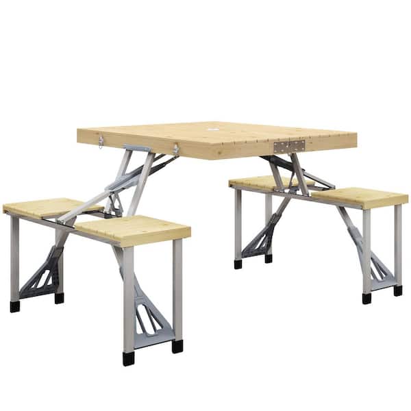 AFAIF 33.8 in. 4-Person Outdoor Rectangle Aluminum Folding Picnic Table with Bench, Camping Table and Chair Set-Natural Wood