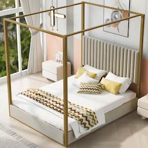 Channel-Tufted Beige and Gold Metal Frame Queen Size Linen Upholstery Canopy Bed with Foam-Filled Headboard