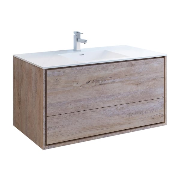 Fresca Catania 48 in. Modern Wall Hung Bath Vanity in Rustic Natural Wood with Vanity Top in White with White Basin