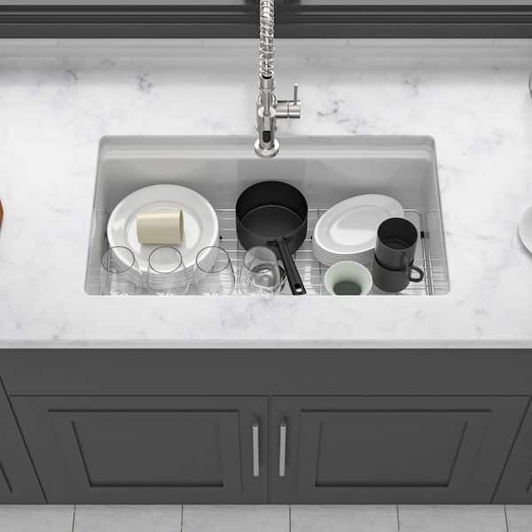 33 in. Undermount Single Bowl White Ceramic Kitchen Sink with Workstation