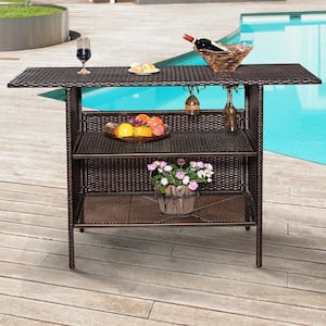 Wicker 36.5 in. Outdoor Dining Table Garden Patio Rattan Table Shelves Furniture