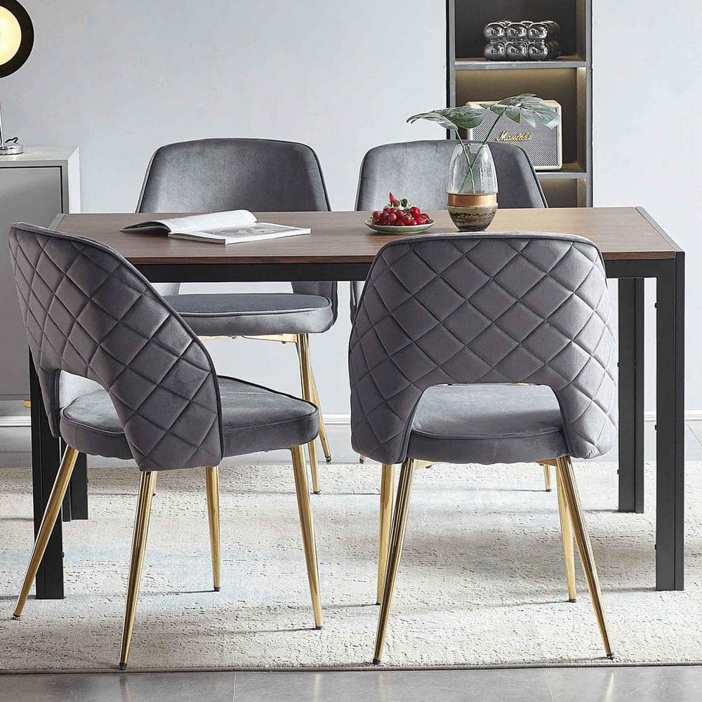 Gray Velvet Upholstered Dining Chairs with Metal Legs and Hollow Back (Set 