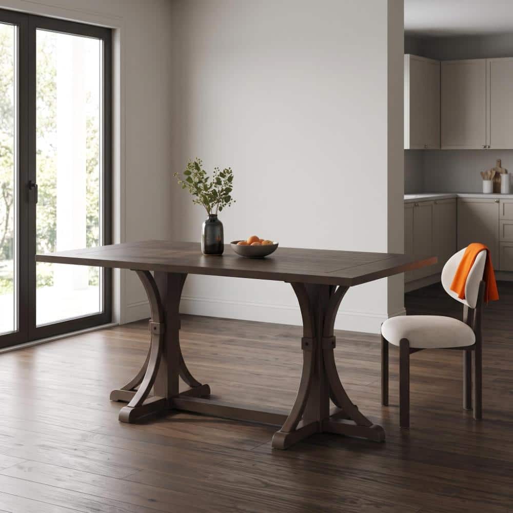 Espresso Solid Wood Dining Table for 6 People with Trestle Base & Curved Legs, Kitchen Table for Home