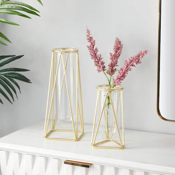 9 in., 13 in. Gold Tube Glass Decorative Vase with Metal Stand (Set of 2)