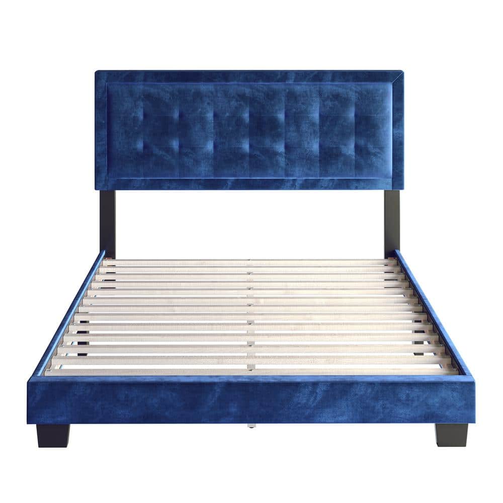 Sapphire Blue Velvet Full Platform Bed with Tufted Headboard