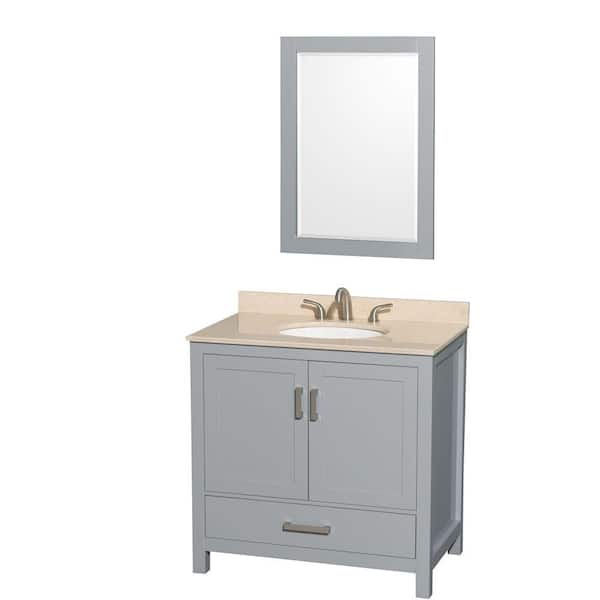 Wyndham Collection Sheffield 36 in. W x 22 in. D Vanity in Gray with Marble Vanity Top in Ivory with White Basin and 24 in. Mirror