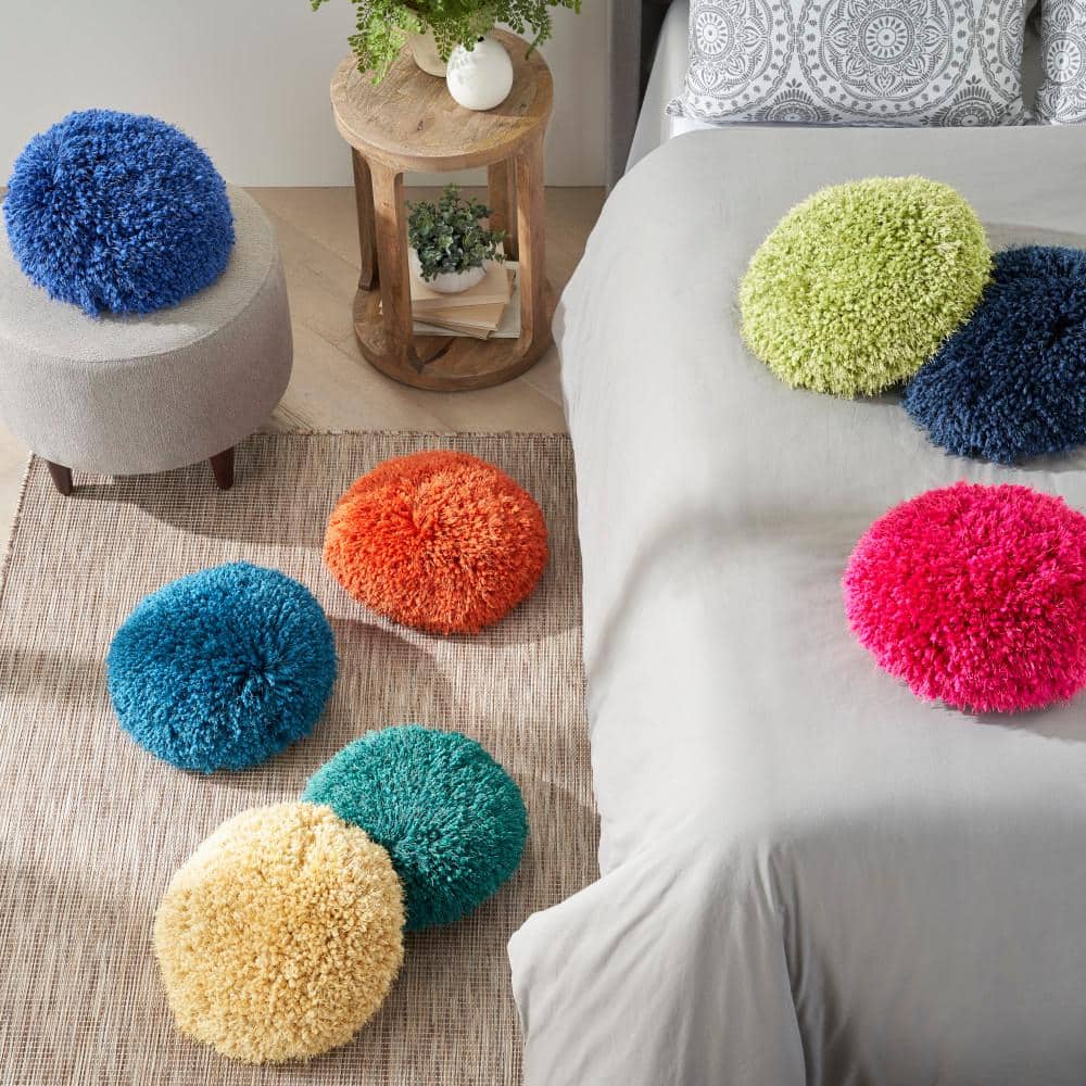 Yellow Round Shag Polyester Throw Pillow