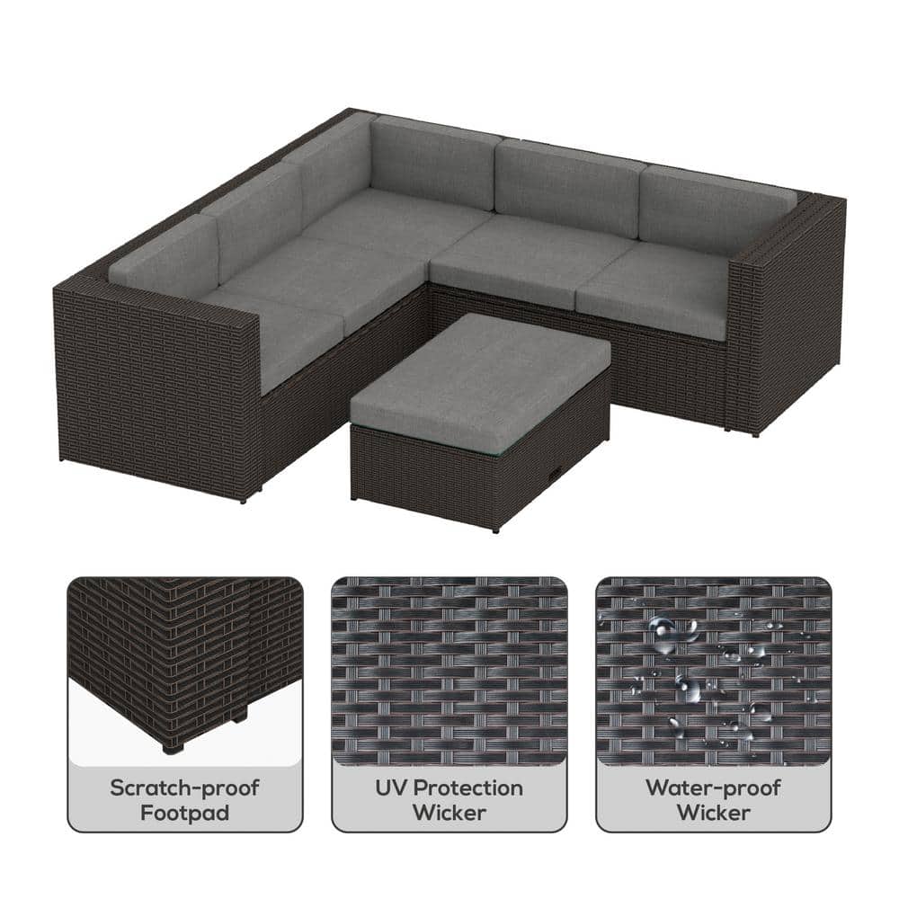6-Piece Brown and Gray Steel Patio Sectional Set with Storage Ottoman