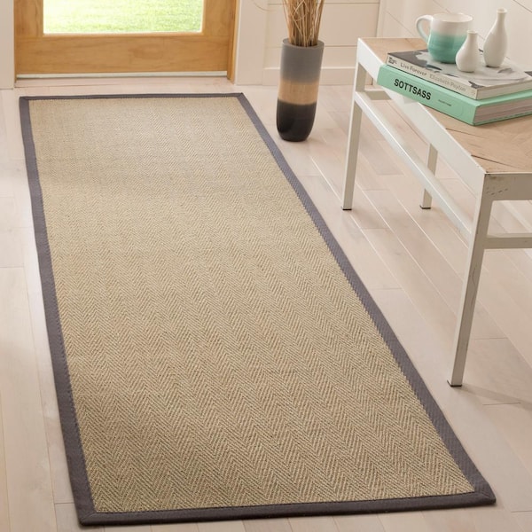 Natural Fiber Beige/Gray 3 ft. x 10 ft. Woven Border Runner Rug