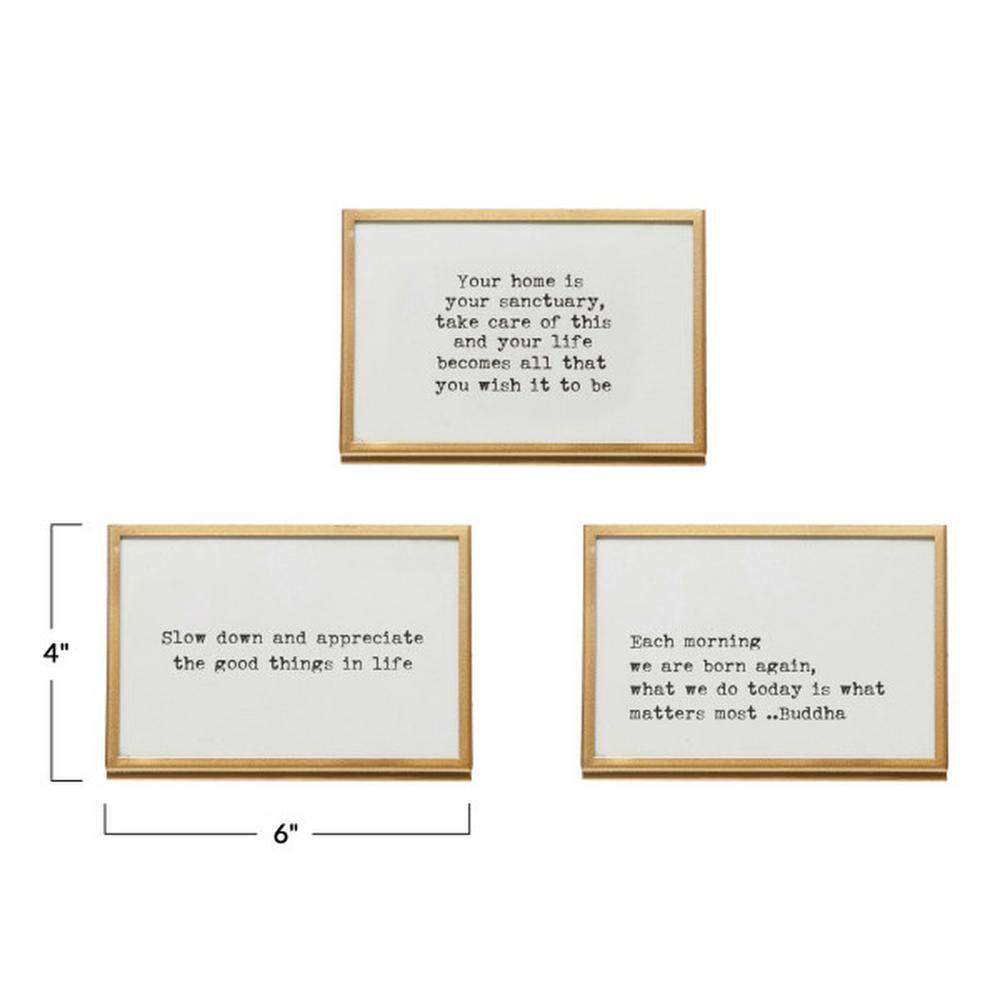 Set of 3 Gold Metal and Glass Motivational Quote Frames