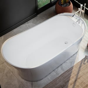 67 in. Acrylic Flatbottom Single Slipper Freestanding Soaking Bathtub in White with Polished Chrome Overflow and Drain