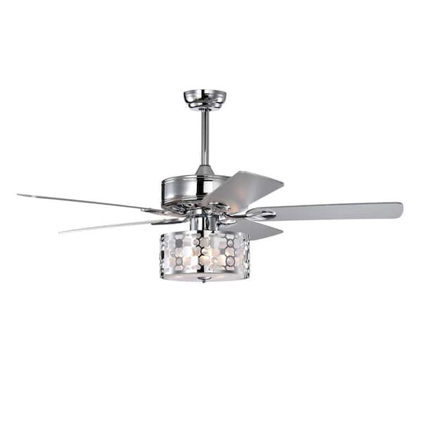 PUDO 52 in. Ornate Indoor Chrome Ceiling Fan Lighting with Adjustable Height and Crystal Shade