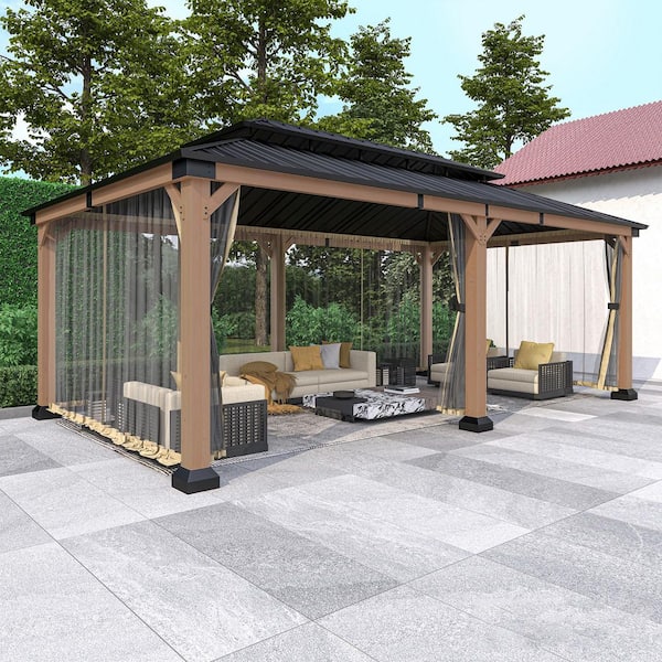 Clihome 12 ft. x 20 ft. Cedar Solid Wood Frame Galvanized Steel Double Top Gazebo With Mosquito Net