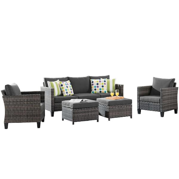 OVIOS New Vultros Gray 5-Piece Wicker Outdoor Patio Conversation Seating Set with Black Cushions