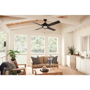 Maor Patio 65 in. Indoor Distressed Black Downrod Mount Ceiling Fan with Integrated LED with Pull Chain