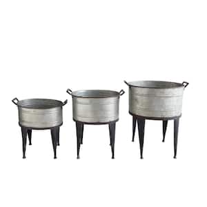Distressed Silver and Black Finish Metal Floor Planters with 4-Leg STands and Handles (3-Pack)