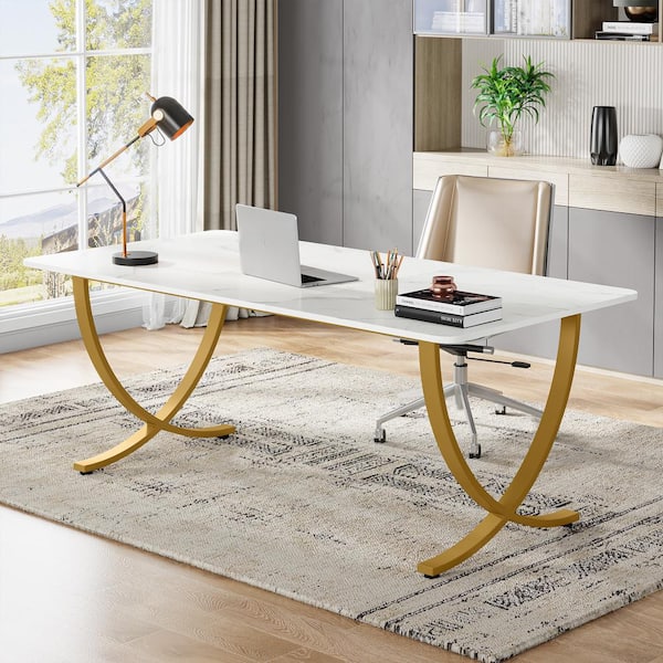 TRIBESIGNS WAY TO ORIGIN Halseey 63 in. Rectangular White Wood Computer Desk  with Gold Metal Legs, Modern Study Writing Table Conference Table  HD-YS0035-HYF - The Home Depot