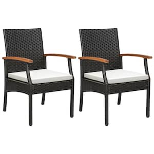 Set of 2 Outdoor PE Wicker Chairs Acacia Wood Armrests with White Soft Zippered Cushion