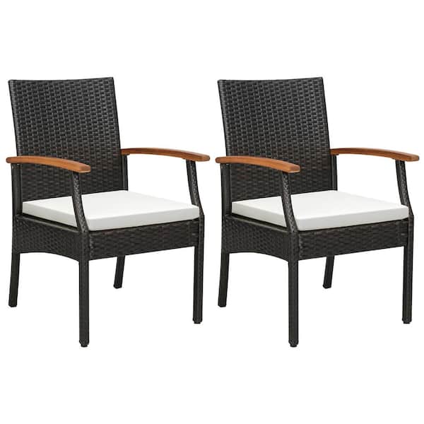Gymax Set of 2 Outdoor PE Wicker Chairs Acacia Wood Armrests with White Soft Zippered Cushion